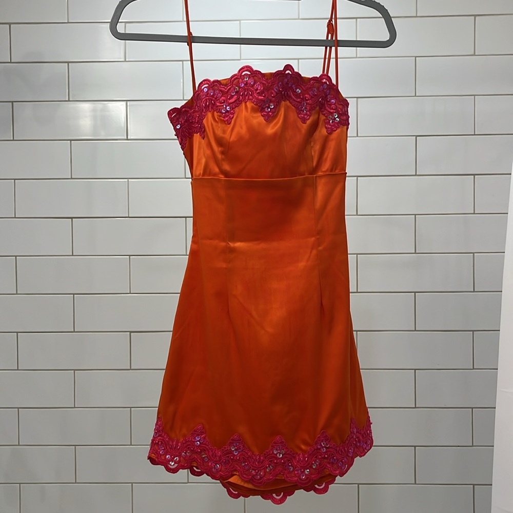 REVOLVE Orange Mini Dress with Pink Lace Trim - Picture 3 of 6